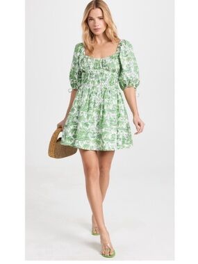 Staud Faye Puff Sleeve Mini Dress Green Tropical Toile Chinoiserie Print Small